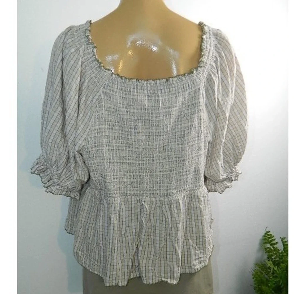 Old Navy Peplum Blouse Womens 2X Cream Plaid Smocked Puff Sleeve Square Neck